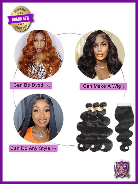 Body Wave 3 Bundles with 4x4 Lace Closure Unprocessed Brazilian Human Hair